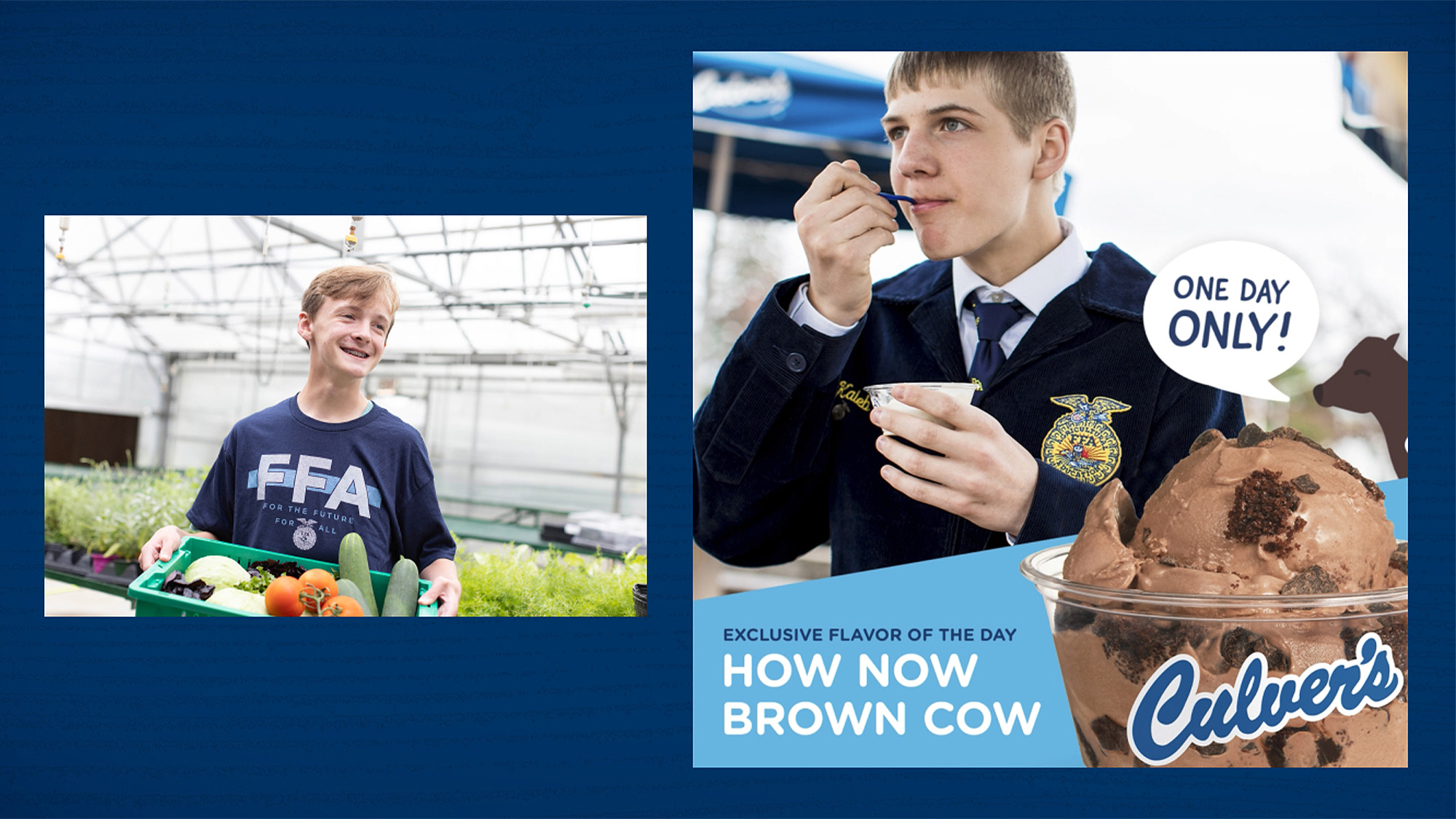 A fundraiser social post for Future Farmers of America, reading, "One day only! Exclusive flavor of the day, how now brown now."